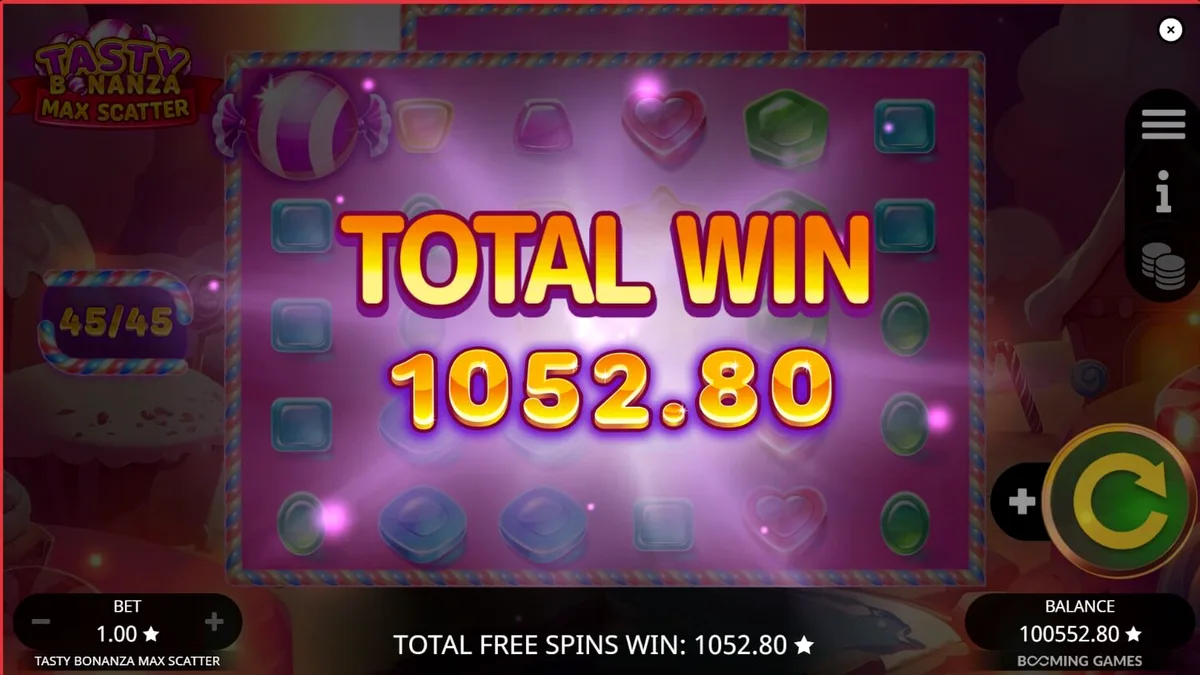 Tampilan visual penuh warna dari slot Tasty Bonanza Max Scatter dengan simbol permen.
