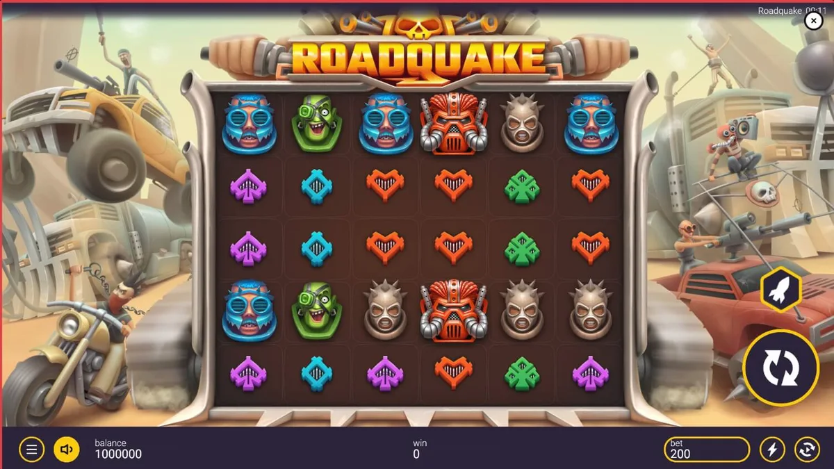 Tampilan visual slot Roadquake dengan tema pertempuran kendaraan dan neon yang intens