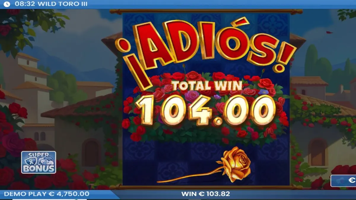 Tampilan visual slot Wild Toro 3 dengan karakter banteng dan latar belakang desa Spanyol